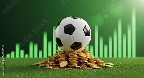 Exciting soccer ball resting on gold coins with rising graph in background, representing sports investment and financial growth potential, modern