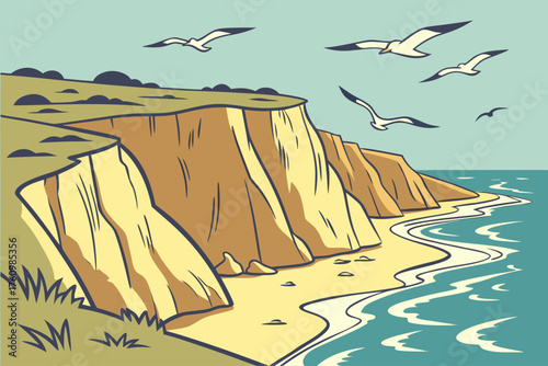 Flat design of Half Moon Bay cliffs and sea birds
