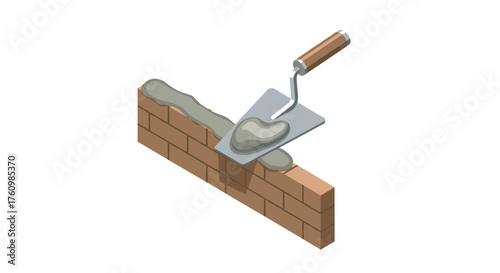 Isometric brick wall with trowel and mortar