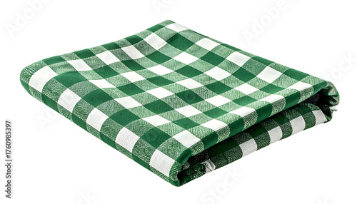 Folded square cloth in a green and white checkered pattern, shot against a black background