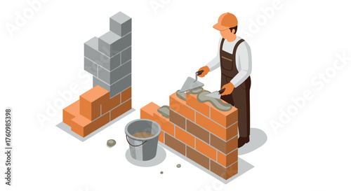 Isometric construction worker building brick wall in uniform and hard hat