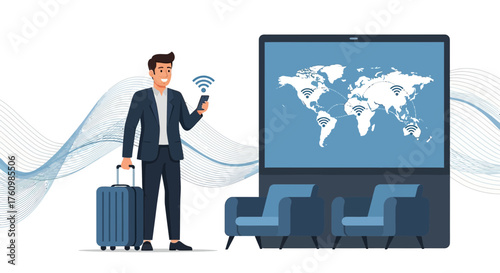 Connected traveler using global wifi at airport lounge with world map display for seamless