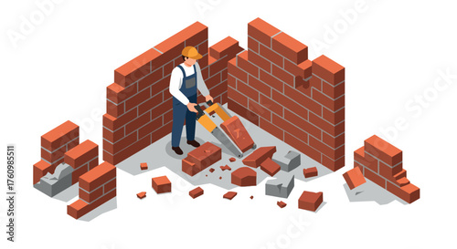 Construction worker using jackhammer to demolish brick wall in isometric view