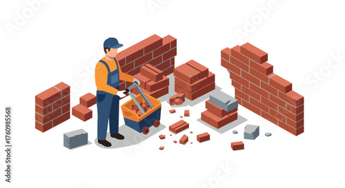 Isometric construction worker moving bricks near partially built brick wall