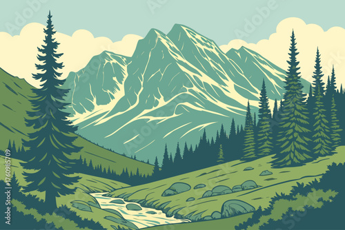 Flat modern vector of Mount Evans alpine landscape in pastel