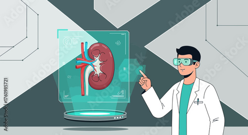 Doctor analyzes a hologram of the kidney with high-tech medical technology in a modern environment