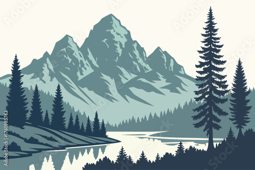 Flat vector of Teton Range with pine trees and lake reflection

