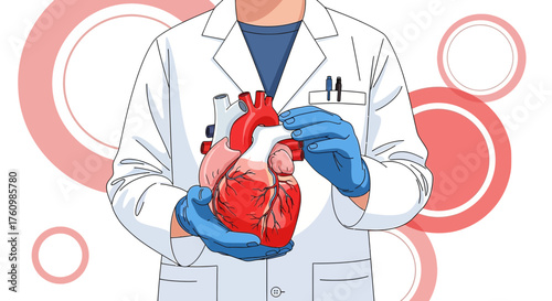 Doctor examining human heart model, health checkup concept, cardiovascular diagnosis illustration,