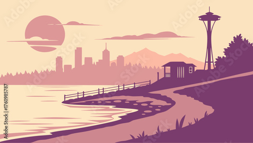 Minimalist Alki Beach Seattle skyline vector in sunset tone
