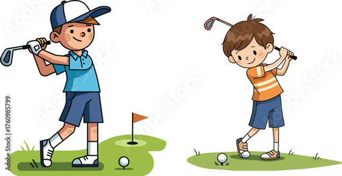 Cartoon children playing golf outdoors, swinging clubs near flags and balls, vector illustration for kids sports, recreation, concentration, activity themes