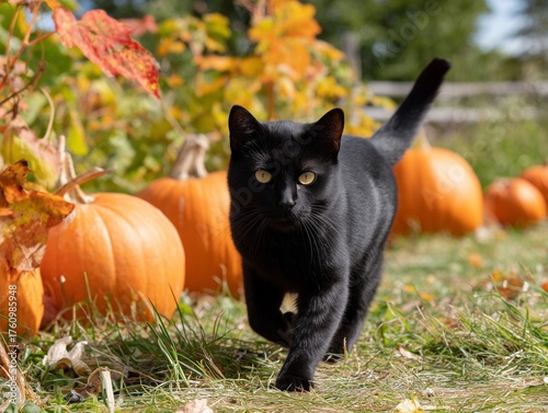 A black cat walking through a pumpkin field on a sunny autumn day. Halloween and harvest time.