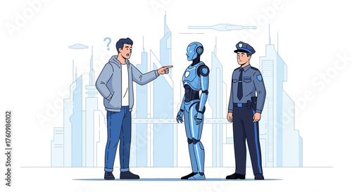 Futuristic cityscape scene with a man questioning a robot in front of a police officer