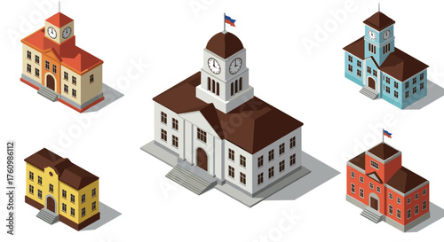 Isometric school building set with clock towers and flags in diverse colors