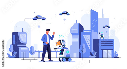 Futuristic Cityscape with Autonomous Vehicles and Delivery Robot for Urban Innovation