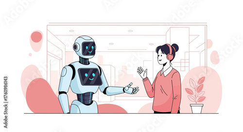Futuristic communication scene featuring a robot interacting with a young woman with headphones