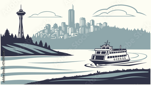 Minimal vector of Bainbridge Island ferry and skyline view
