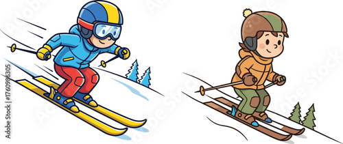 Cartoon skiers racing downhill on snowy slopes, wearing colorful winter gear, vector illustration for sports, outdoor activity, speed, motion, snow themes