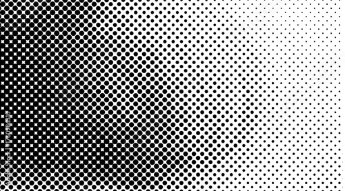 Black halftone gradient fading to white creates an abstract retro aesthetic with a dynamic transition, using a pattern of dense circles to sparse dots for visual depth