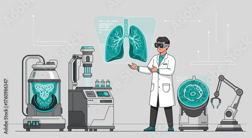 Futuristic medical lab with augmented reality for lung analysis and robotic equipment in a