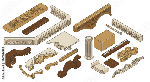 Isometric decorative architectural elements collection in classic wooden style