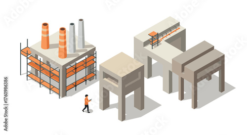 Isometric industrial construction design with structural elements and worker