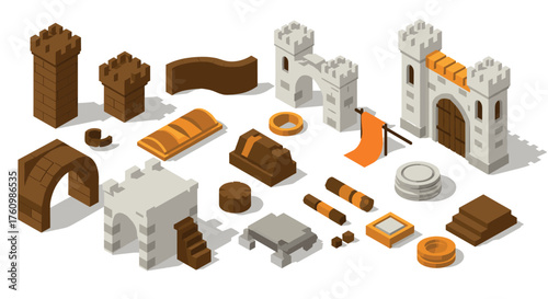 Isometric medieval building blocks for creative design projects