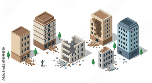 Isometric city buildings with earthquake damage and debris