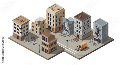 Isometric urban earthquake scene with damaged buildings and debris removal truck