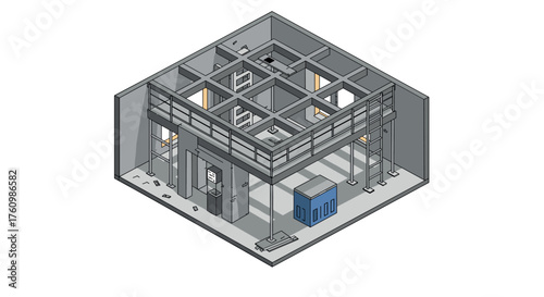 Isometric construction site with building framework and scaffolding