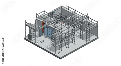 Isometric construction site with scaffolding and building equipment