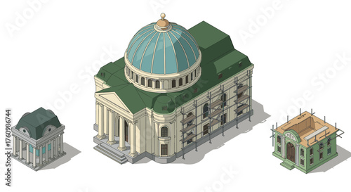 Historic building evolution in isometric style with dome and scaffolding