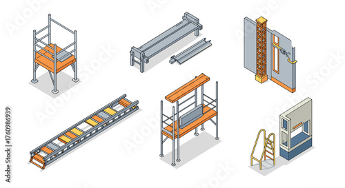 Isometric construction scaffolding and building elements illustration