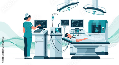 Illustration depicting a modern operating room with medical staff and advanced equipment showing