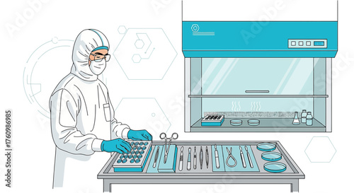 Illustration depicting a researcher in a cleanroom setting conducting scientific research with