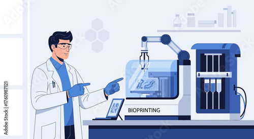 Illustration depicting a scientist overseeing a bioprinting process in a laboratory setting,