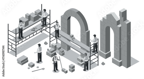 Isometric construction scene with workers building stone arch structures