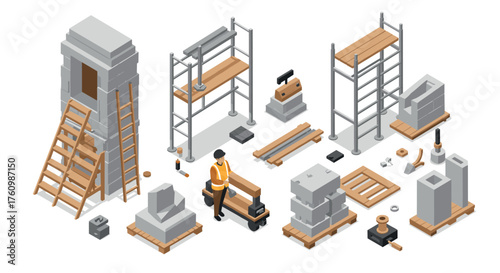 Isometric construction tools and materials with worker in safety gear