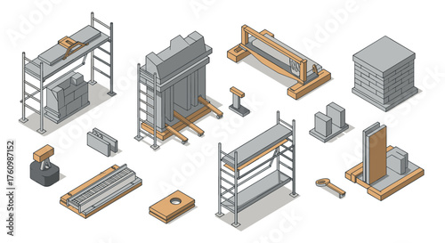 Isometric construction materials and tools for architecture and building projects