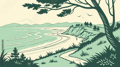 Flat modern vector of Ocean Shores coastline in calm tone
