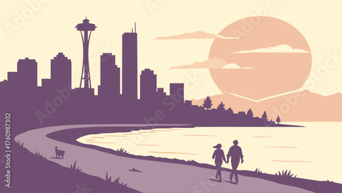 Minimalist Alki Beach Seattle skyline vector in sunset tone
