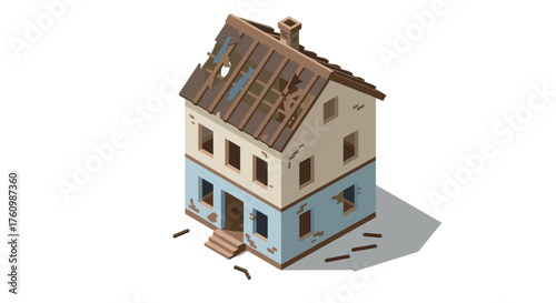 Isometric abandoned house with damaged roof and brick walls