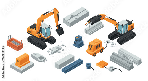 Construction machinery and equipment in isometric style for building projects