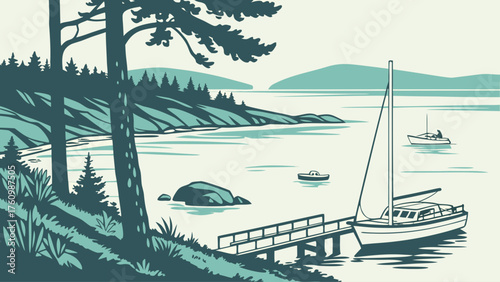 Minimalist San Juan Islands coastal boat view
