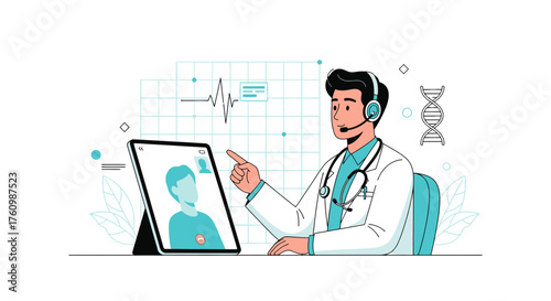 Illustration of a doctor using telemedicine to provide virtual care to a patient consultation