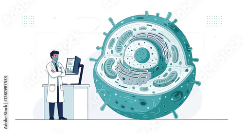 Illustration of a doctor analyzing a virus cell structure and its components for science