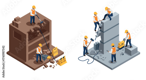 Isometric construction workers demolishing building structures with tools