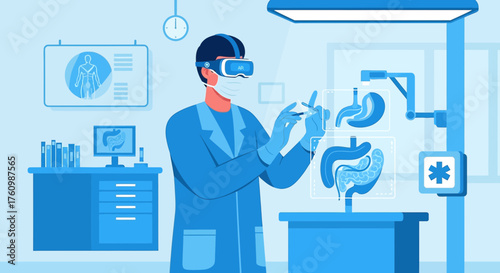 Illustration of a doctor using virtual reality for surgical planning and simulation showing