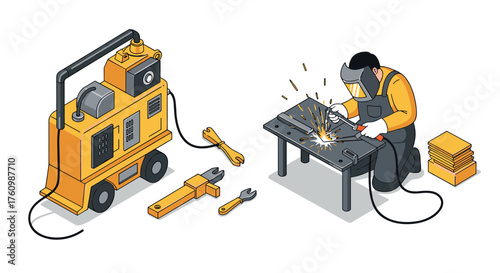 Isometric welder working with equipment in workshop setting
