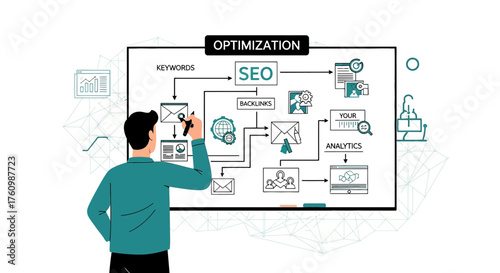 Illustration of a man explaining SEO optimization strategies on a whiteboard for marketing success