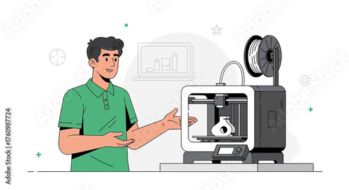 Illustration of a man presenting a 3D printer showcasing its creative process and design